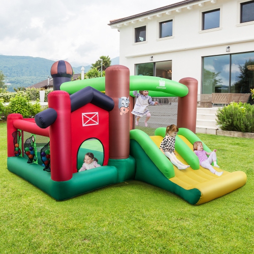 Costway Farm Themed Inflatable Castle Kids Bounce House w/ Double Slides & 735W Blower