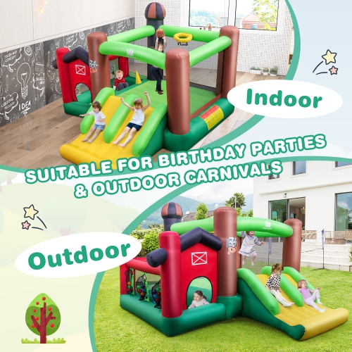 Costway Farm Themed Inflatable Castle Kids Bounce House w/ Double Slides & 735W Blower