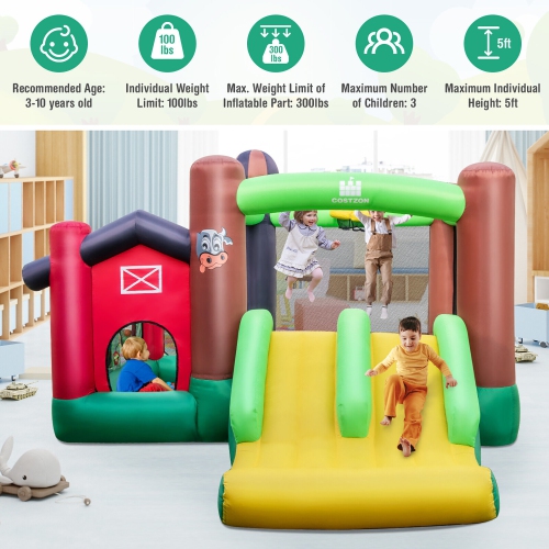 Costway Farm Themed Inflatable Castle Kids Bounce House w/ Double Slides & 735W Blower