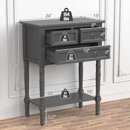 Costway Console Entryway Table w/ 3 Drawers Open Shelf for Hallway Living room Dark Grey
