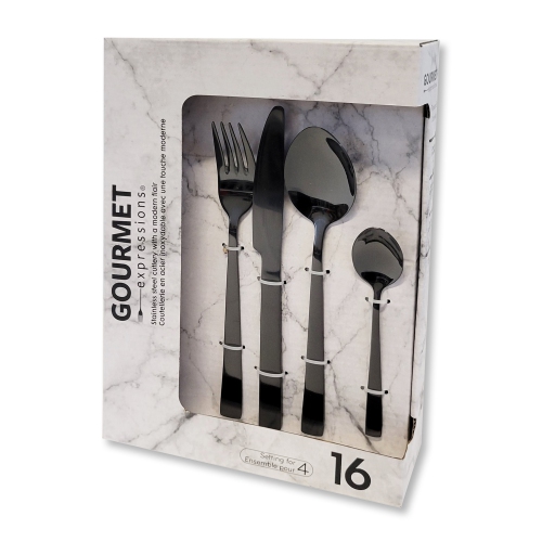 Safdie & Co - Stainless Steel Flatware/Cutlery Set, 16 Pieces, Dishwasher Safe, Onyx Black