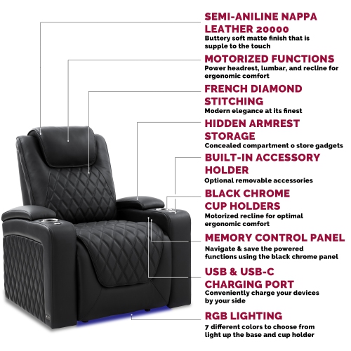 Valencia Oslo Luxury Edition Home Theater Seating | Semi-Aniline Italian Nappa 20000 Leather, Power Recline, Power Lumbar Support, Power Headrest,