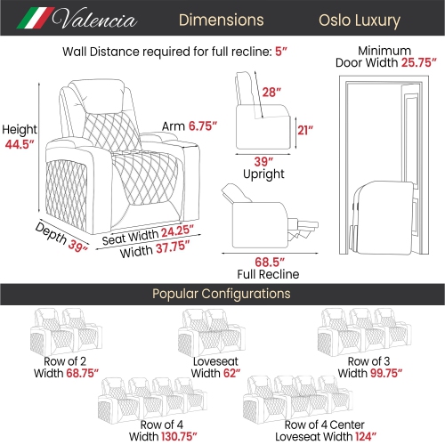Valencia Oslo Luxury Edition Home Theater Seating | Semi-Aniline Italian Nappa 20000 Leather, Power Recline, Power Lumbar Support, Power Headrest,