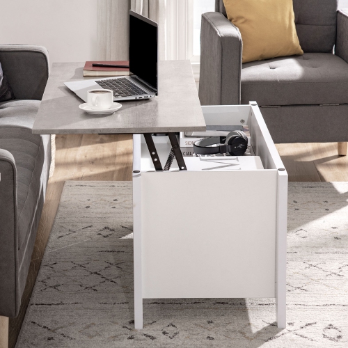 Table basse à dessus relevable HOMCOM avec compartiment de rangement dissimulé et tablettes ouvertes, table centrale relevable pour le salon, blanche