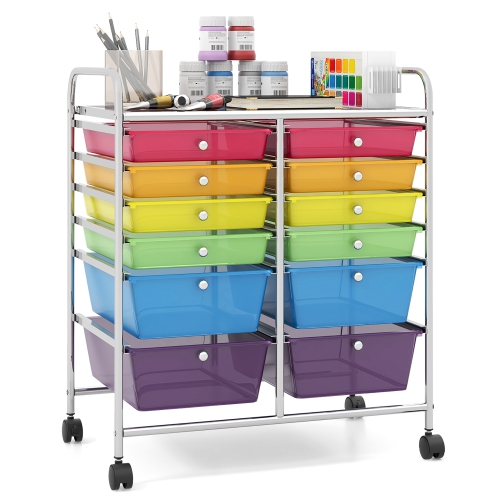 GYMAX  Office Rolling Cart 12 Storage Drawer Studio Organizer Bins Scrapbook Paper Colorful