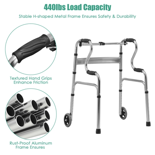 Gymax Heavy-Duty Folding 3 in 1 Stand-Assist Walker Aluminum Alloy W/ Wheel