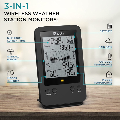 Logia Weather Station 3-in-1 Rain Gauge and LCD Display with Built-In Hygro-Thermo Sensor