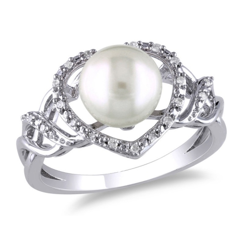 GEM AND HARMONY  8-8.5MM Freshwater Cultured Pearl Heart Ring In Sterling Silver In White
