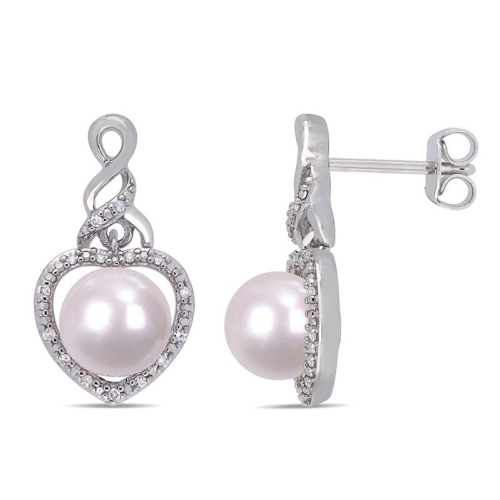 White Freshwater Cultured Pearl Heart Drop Earrings with Diamonds in Sterling Silver
