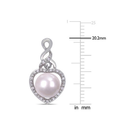 White Freshwater Cultured Pearl Heart Drop Earrings with Diamonds in Sterling Silver