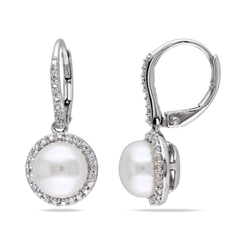 White Freshwater Cultured Pearl 8mm Drop Earrings with Diamonds in Sterling Silver