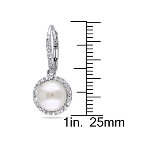 White Freshwater Cultured Pearl 8mm Drop Earrings with Diamonds in Sterling Silver