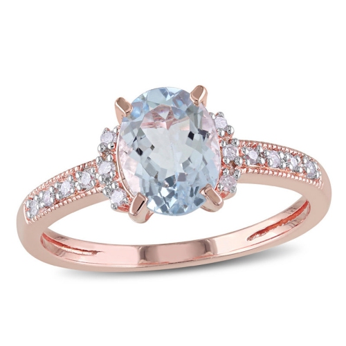 GEM AND HARMONY  1.00 Carat (Ctw) Aquamarine Ring With Diamonds In Rose Plated Sterling In Silver