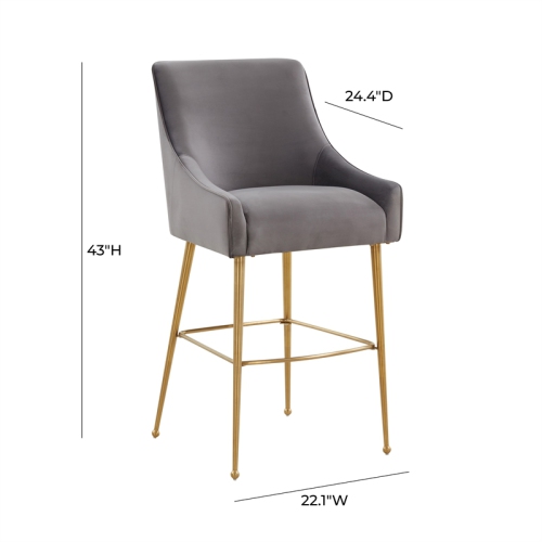 TOV Furniture Beatrix Dark Grey Velvet Bar Stool - Gold Legs