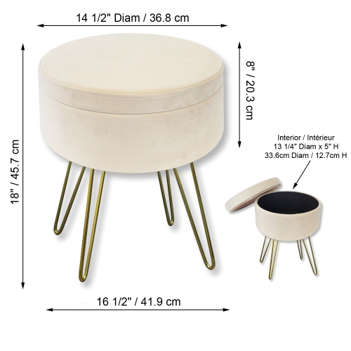 ITY International - Velvet Ottoman / Footstool with Storage and Tray, Metal Base, White