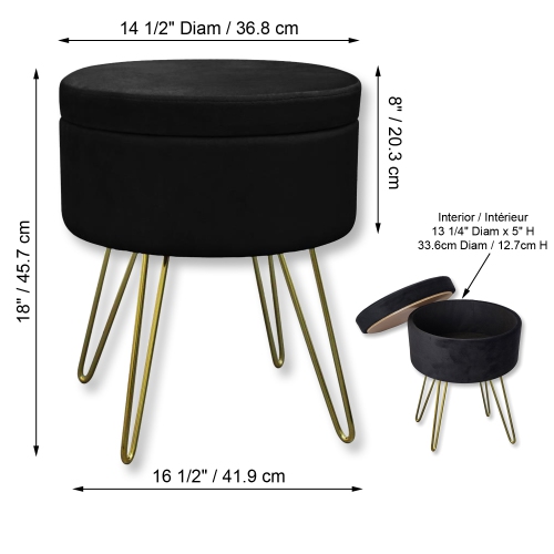 ITY International - Velvet Ottoman / Footstool with Storage and Tray, Metal Base, Black