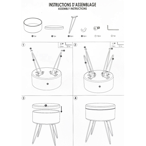 ITY International - Velvet Ottoman / Footstool with Storage and Tray, Metal Base, Black