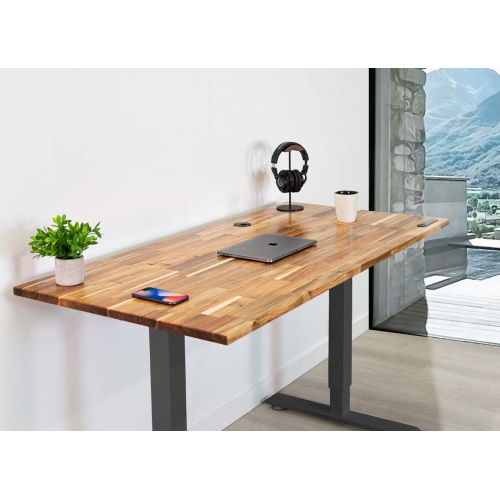 Home Sit and Stand Desk - Acacia Reinforced Solid Wood Tabletop on Home  Grey Frame Medium (59x29) with Built-in Wireless Charging Pad