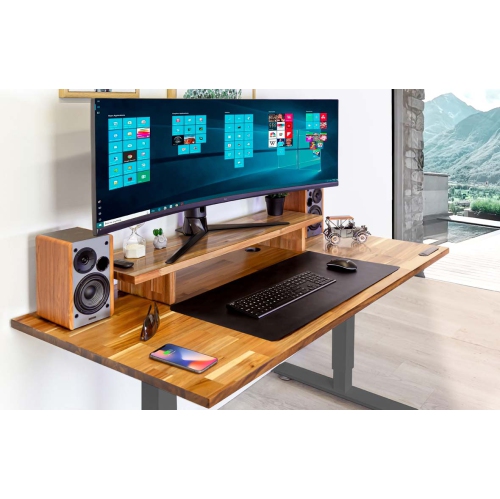 Home Sit and Stand Desk - Acacia Reinforced Solid Wood Tabletop on Home Grey Frame Medium with Built-in Wireless Charging Pad