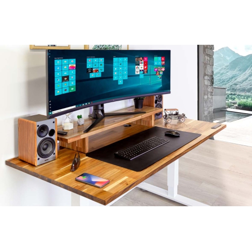 Home Sit and Stand Desk - Acacia Reinforced Solid Wood Tabletop on Home White Frame Medium with Built-in Wireless Charging Pad