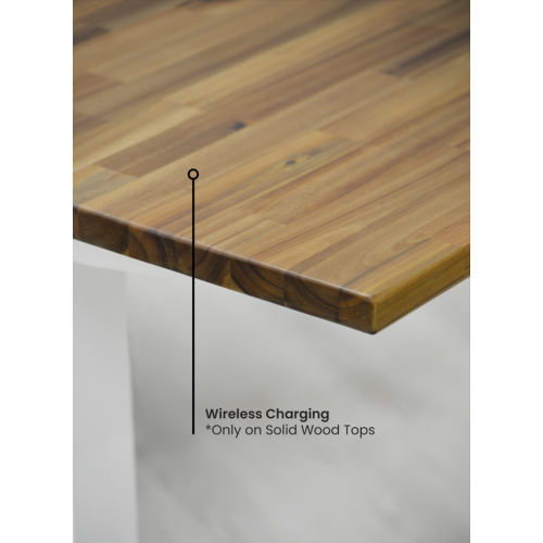 Home Sit and Stand Desk - Acacia Reinforced Solid Wood Tabletop on Home White Frame Medium with Built-in Wireless Charging Pad