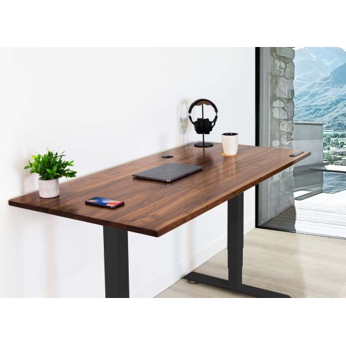 EFFYDESK  Business Sit And Stand Desk - Walnut Reinforced Solid Wood Tabletop On Frame Medium (59"x29") \w Built-In Wireless Charging Pad And Under