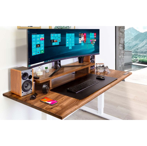 Home Sit and Stand Desk - Walnut Reinforced Solid Wood Tabletop on Home White Frame Medium with Built-in Wireless Charging Pad