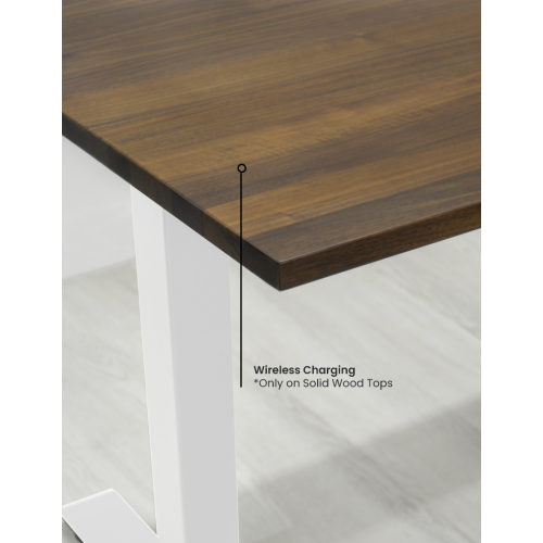 Home Sit and Stand Desk - Walnut Reinforced Solid Wood Tabletop on Home White Frame Medium with Built-in Wireless Charging Pad