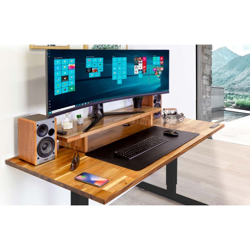 Home Sit and Stand Desk - Acacia Reinforced Solid Wood Tabletop on Home Black Frame Medium with Built-in Wireless Charging Pad