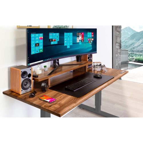 Home Sit and Stand Desk - Walnut Reinforced Solid Wood Tabletop on Home Grey Frame Medium with Built-in Wireless Charging Pad