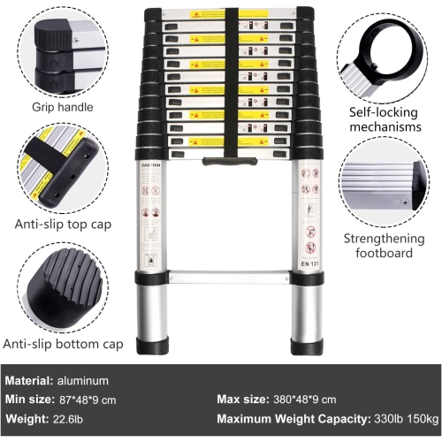 Echelle télescopique en aluminium portable de 5m / 16,5 pieds capacité de 340 lb | Portable et polyvalente, pliable pour une utilisation à la maison