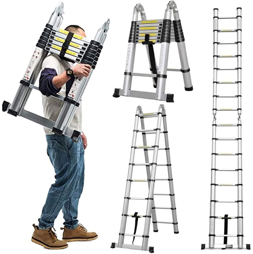 thumbnail image 2 of 5M Telescopic Ladder - A-Frame, Stainless Steel, 330 Lbs Capacity, 8+8 Rungs, Spring Locking, Portable For Home & Work 2 of 14
