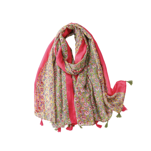 Écharpe rose vif et florale avec pampilles - ne pas demander