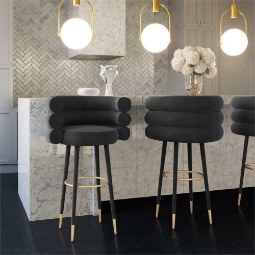 TOV Furniture Betty 30.3"H Velvet and Plywood Bar Stool in Black/Gold
