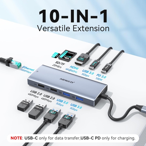 10-in-1 USB-C Hub: 4K HDMI, 100W PD, USB-C Data, 2×USB 3.0, 2×USB 2.0, Ethernet, SD/TF Reader. Compatible with MacBook Pro/Air, Dell XPS, HP, Lenovo
