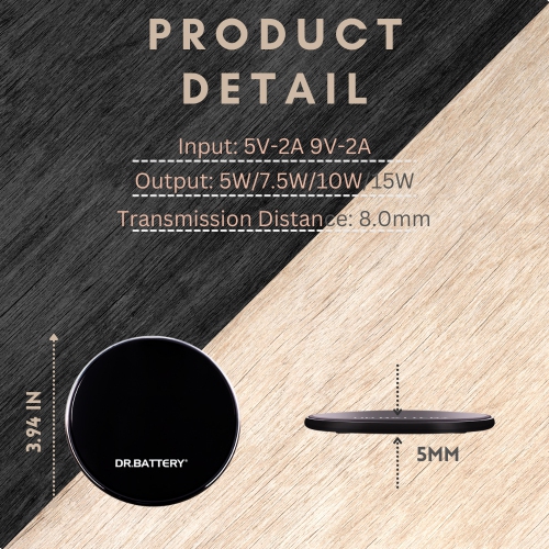 Dr. Battery Ultra Slim 15W Universal Wireless Fast Charging Pad with Cable for iPhone, Samsung Galaxy & More