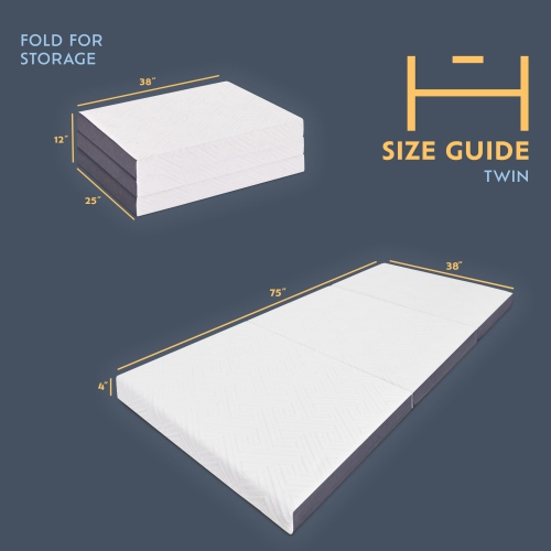 Heyward 4” Trifold Twin Mattress, Machine Washable Cover Memory Foam Mattress 75" x 38" x 4"