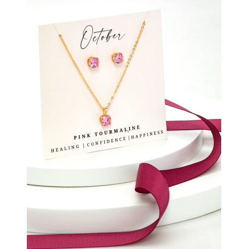 Goldtone October Pink Tourmaline Birthstone CZ Earring & Necklace Set