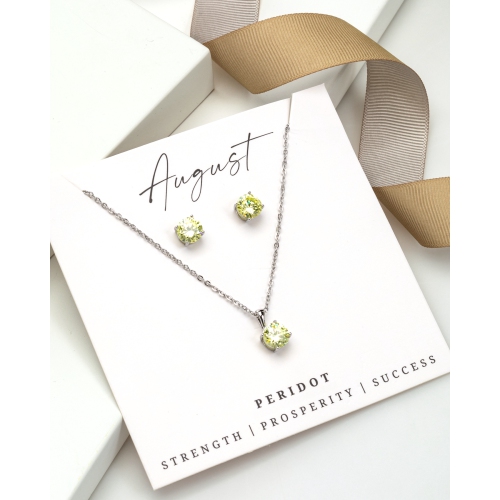 Silvertone August Peridot Birthstone CZ Earring & Necklace Set