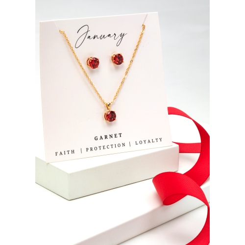 Goldtone January Garnet Birthstone CZ Earring & Necklace Set