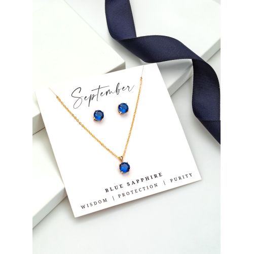 Goldtone September Blue Sapphire Birthstone CZ Earring & Necklace Set