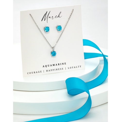 Silvertone March Aquamarine Birthstone CZ Earring & Necklace Set