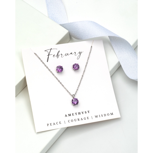 Silvertone February Amethyst Birthstone CZ Earring & Necklace Set