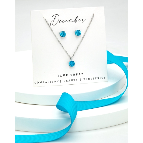Silvertone December Blue Topaz Birthstone CZ Earring & Necklace Set