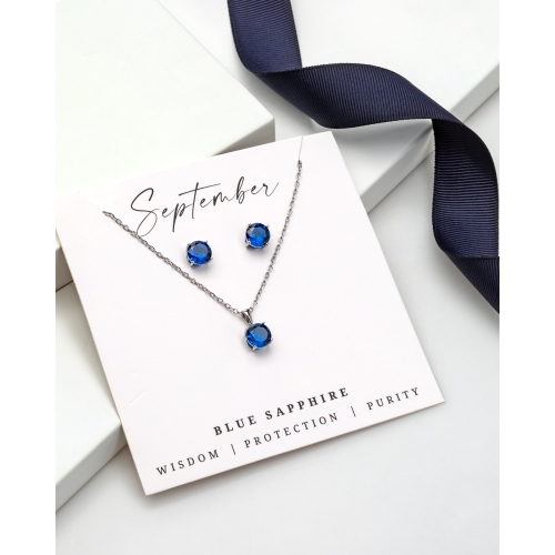 Silvertone September Blue Sapphire Birthstone CZ Earring & Necklace Set