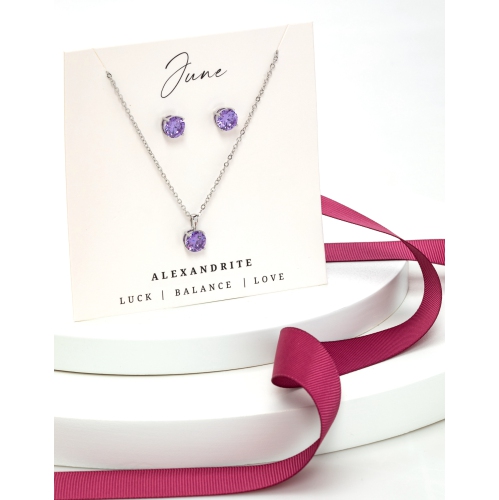 Silvertone June Alexandrite Birthstone CZ Earring & Necklace Set