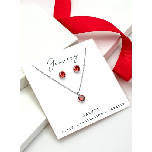 Silvertone January Garnet Birthstone CZ Earring & Necklace Set
