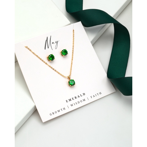 Boucles d'oreilles et collier ton or, émeraude de mai, zircons cubiques à pierre de naissance
