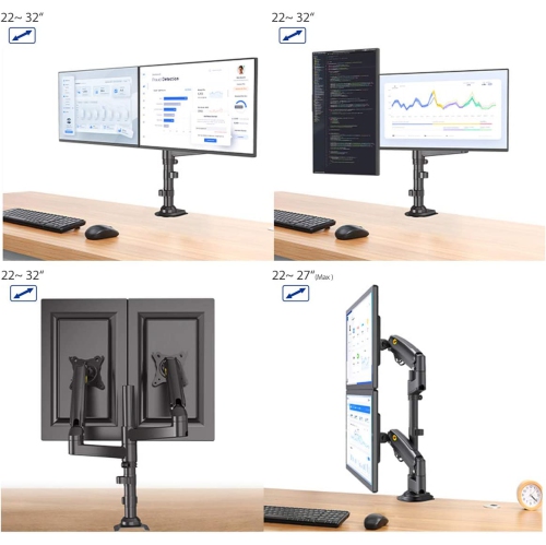 NB Dual Monitor Full Motion Height Adjustable Gas Struct Desk Mount, Computer Monitor Arm w/ support for dual 32 inch monitors