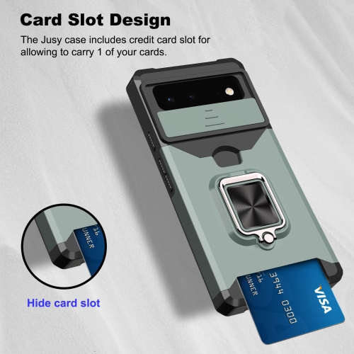 Wallet Case Compatible with Google Pixel 6A & 2 Screen Protectors, with Sliding Camera Cover, Card Holder Slot and Magnetic Kickstand Ring, Heavy